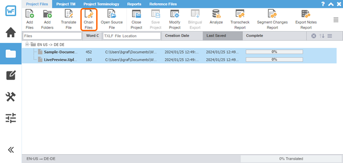 Project Files tab showing Chain files button