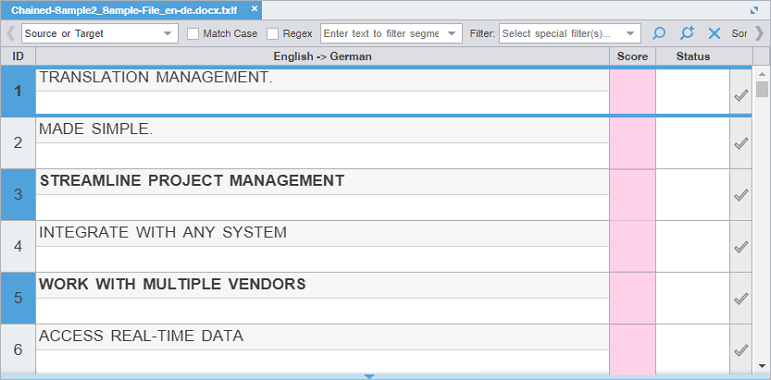 TXLF Editor showing Chained Files tab with file name of the active segment