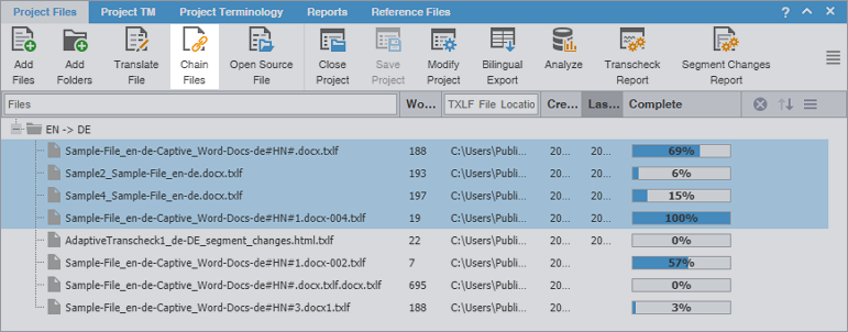 Project Files tab showing Chain files button