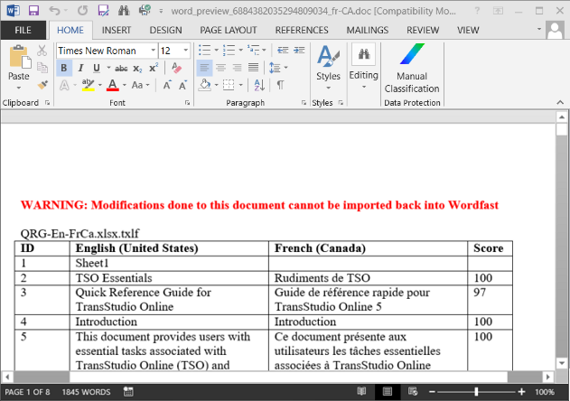 Word document containing a bilingual table
