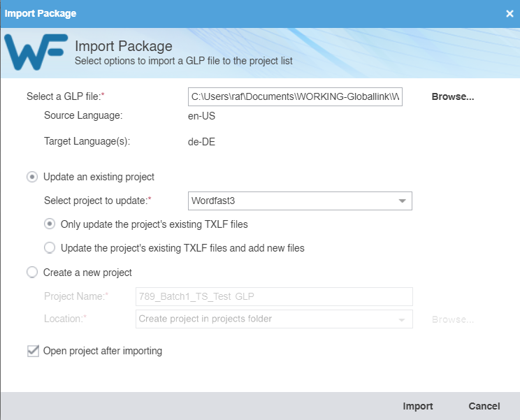 Import package dialog