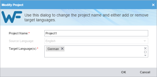 Modify project dialog