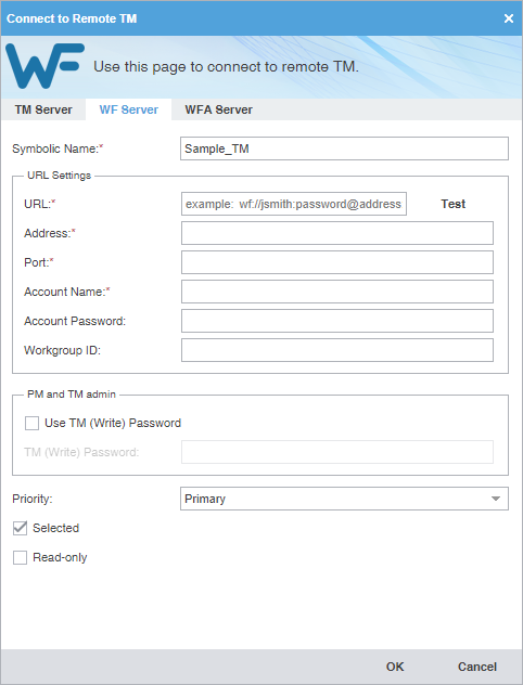 Connect to remote TM dialog