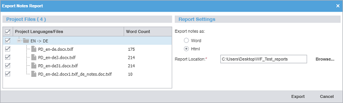 Export Notes Report dialog