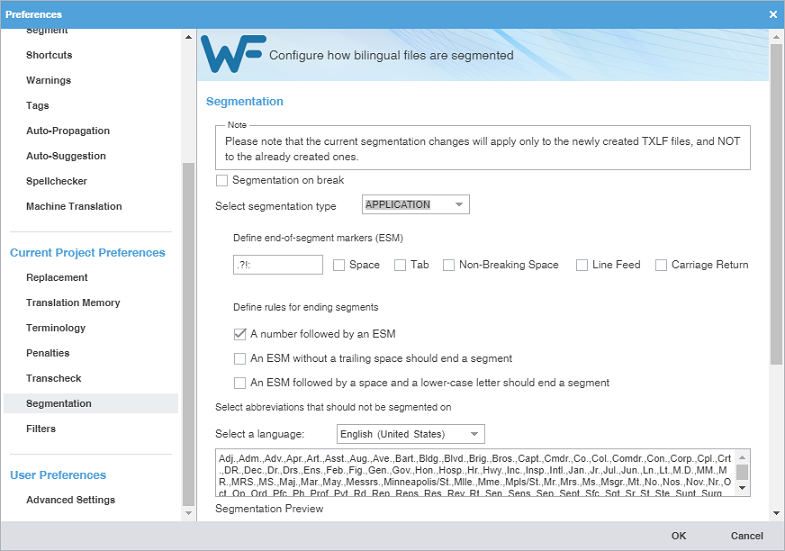 Preferences dialog with Segmentation tab selected