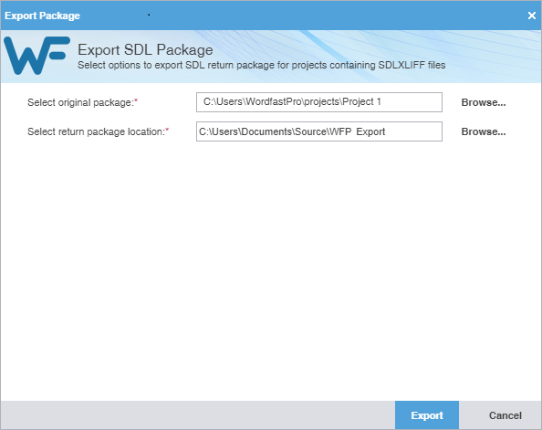 Export package dialog