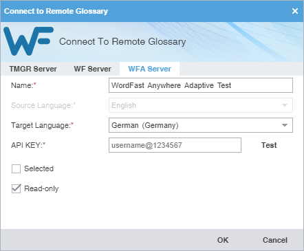 Connect to remote glossary dialog