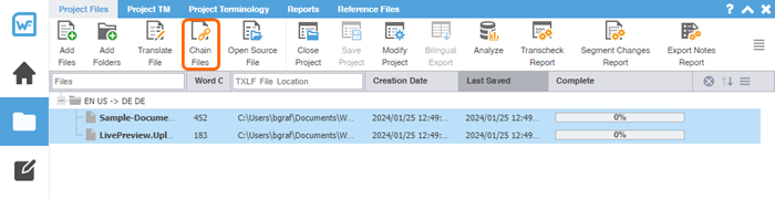 Project Files tab showing Chain files button