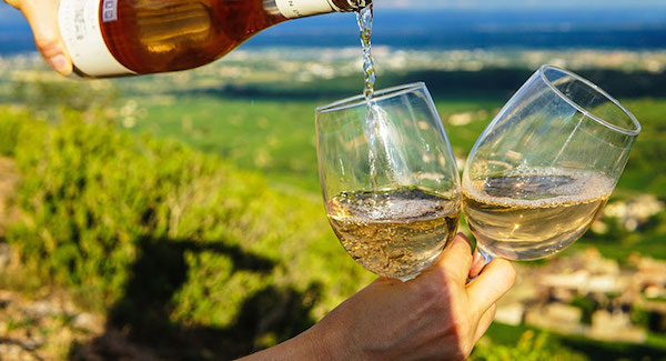 Bottle of rosé wine being poured into two wine glasses